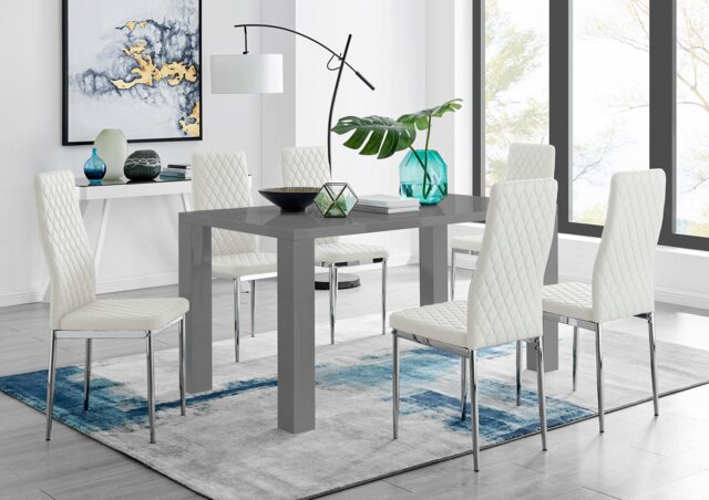 Pivero Grey High Gloss Dining Table And 6 Modern Milan Chairs Set - image 1