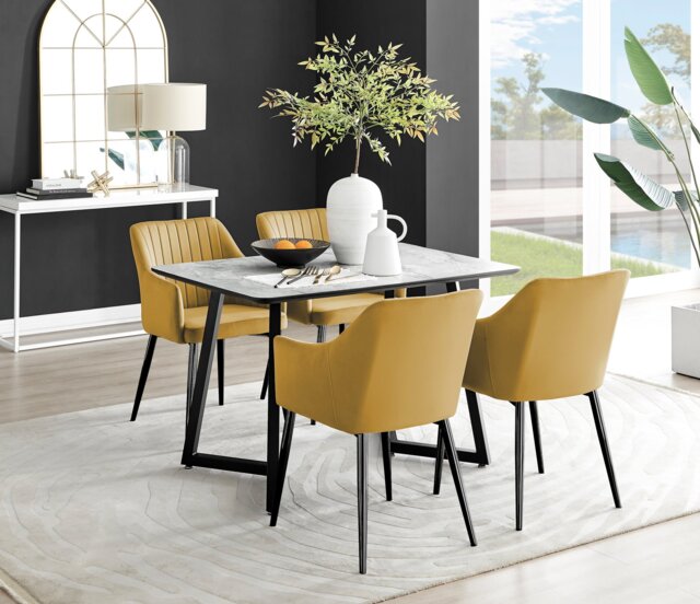 Carson White Marble Effect Dining Table & 4 Calla Black Leg Chairs - image 1
