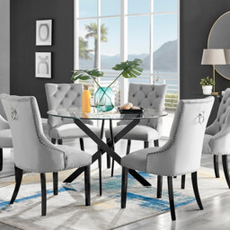 Novara Black Leg 120cm Round Glass Dining Table & 6 Belgravia Black Leg Chairs - thumbnail 2