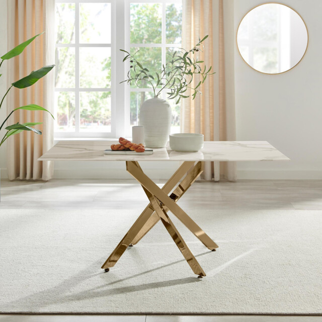 Leonardo Rectangular White Marble Glass and Gold Metal 6 Seater Dining Table - image 1