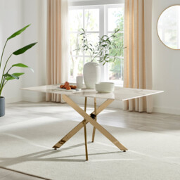 Leonardo Rectangular White Marble Glass and Gold Metal 6 Seater Dining Table - thumbnail 2