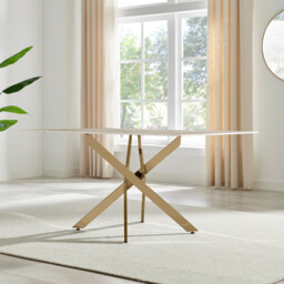 Leonardo Rectangular White Marble Glass and Gold Metal 6 Seater Dining Table - thumbnail 3