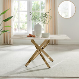 Leonardo Rectangular White Marble Glass and Gold Metal 6 Seater Dining Table - thumbnail 1