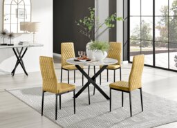 Novara White Marble Black Leg Round Dining Table & 4 Velvet Milan Black Leg Chairs - thumbnail 1