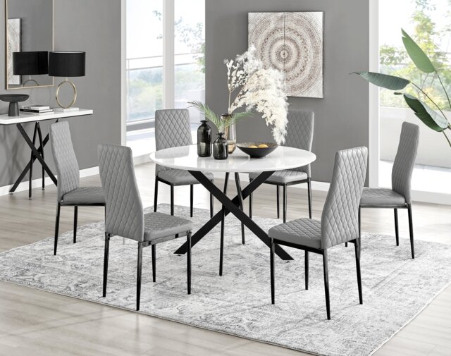 Novara White Gloss Black Leg 120cm Round Dining Table & 6 Milan Black Leg Chairs - image 1