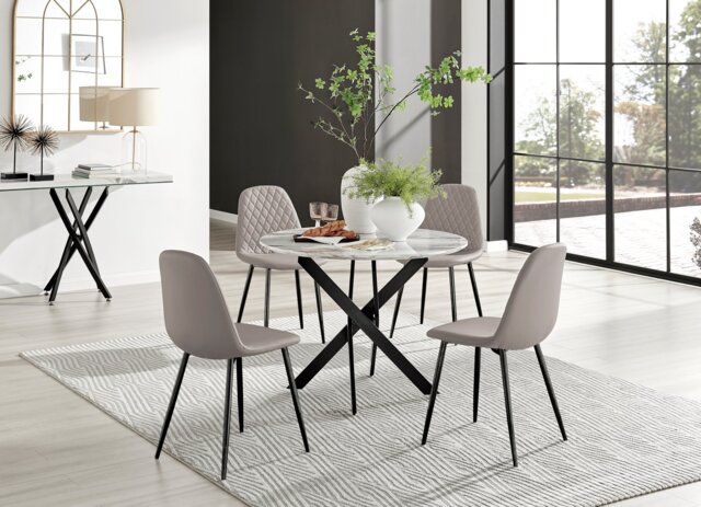 Novara White Marble Black Leg Round Dining Table & 4 Corona Black Leg Chairs - image 1