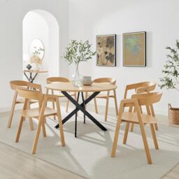 Novara 120cm Oak Veneer Top Round Dining Table & 6 Oak Masa Chairs