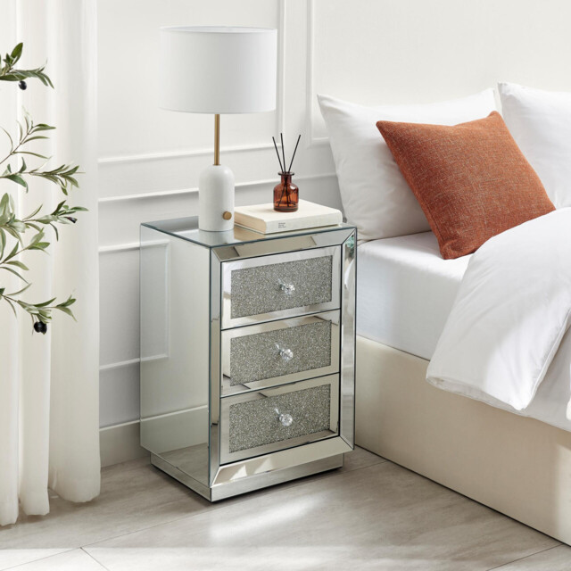 Stella 3 Drawer Crushed Diamond Mirrored Bedside Table - image 1