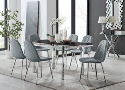 Enna Black Glass Extending Dining Table and 6 Corona Silver Leg Chairs