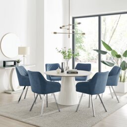 Palma Beige Stone Effect Round Dining Table & 6 Falun Silver Leg Chairs - thumbnail 1
