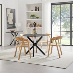 Novara 100cm Black Top Round Dining Table & 4 Oak Masa Chairs - thumbnail 1