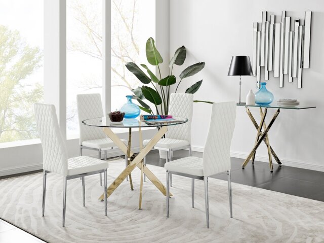 Novara Gold Metal 100cm Round Glass Dining Table And 4 Milan Dining Chairs - image 1