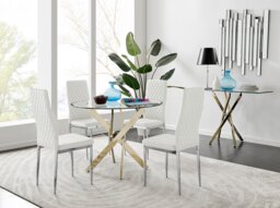 Novara Gold Metal 100cm Round Glass Dining Table And 4 Milan Dining Chairs