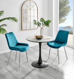 Elina White Marble Effect Round Dining Table & 2 Pesaro Silver Chairs