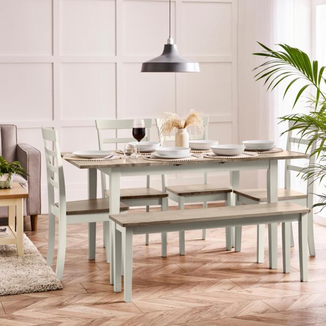 Salcombe Extending Light Grey Wooden Table with 4 Whitby Chairs & 1 Large Bench - image 1