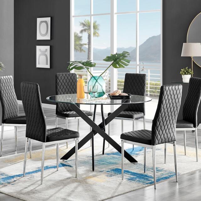Novara Black Leg 120cm Round Glass Dining Table & 6 Milan Chrome Leg Chairs - image 1