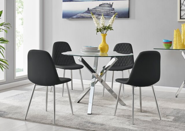 Selina Chrome Round Square Leg Glass Dining Table And 4 Corona Silver Chairs Set - image 1