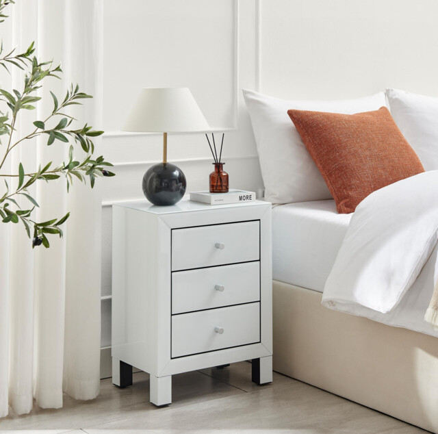 Lexi 3 Drawer White Mirrored Bedside Table - image 1