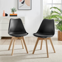 2x Stockholm Scandi Black Faux Leather and Wood Dining Chairs - thumbnail 1