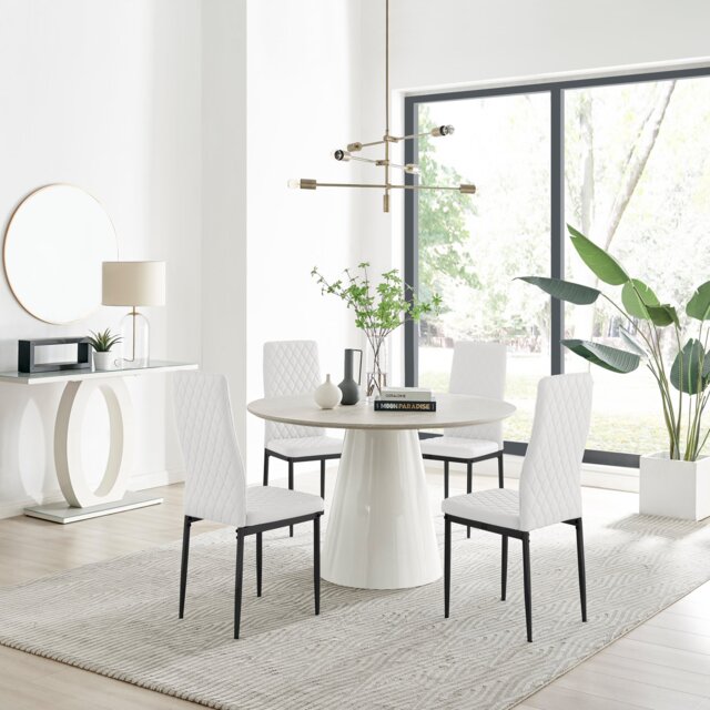 Palma Beige Stone Effect Round Dining Table & 4 Milan Black Leg Chairs - image 1