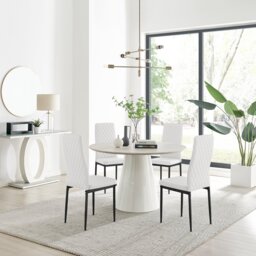 Palma Beige Stone Effect Round Dining Table & 4 Milan Black Leg Chairs - thumbnail 1