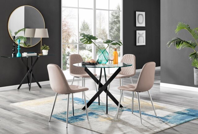 Novara Black Leg Round Glass Dining Table & 4 Corona Silver Chairs - image 1