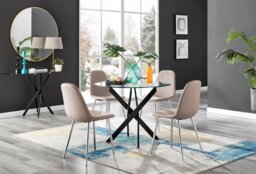 Novara Black Leg Round Glass Dining Table & 4 Corona Silver Chairs