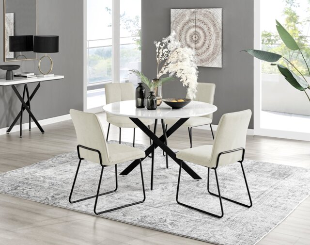 Novara White Gloss Black Leg 120cm Round Dining Table & 4 Halle Chairs - image 1