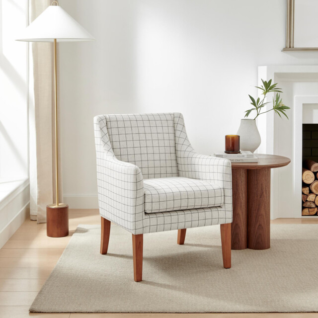 Aubrey Beige Check Fabric Wingback Accent Armchair - image 1