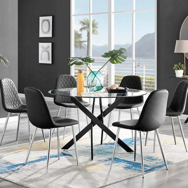 Novara Black Leg 120cm Round Glass Dining Table & 6 Corona Silver Chairs - image 1