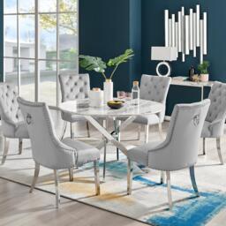 Novara White Marble 120cm Round Dining Table & 6 Velvet Belgravia Chairs