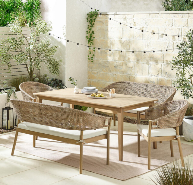 Asa Wood & Wicker 6 Seat Benches & Chairs Garden Dining Set - image 1