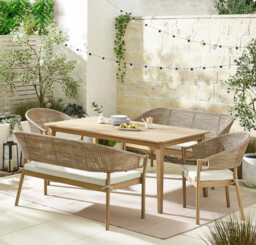 Asa Wood & Wicker 6 Seat Benches & Chairs Garden Dining Set - thumbnail 1