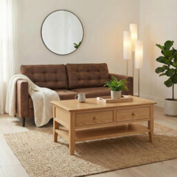 Belle 2 Drawer Rectangular Solid Oak Wood Coffee Table
