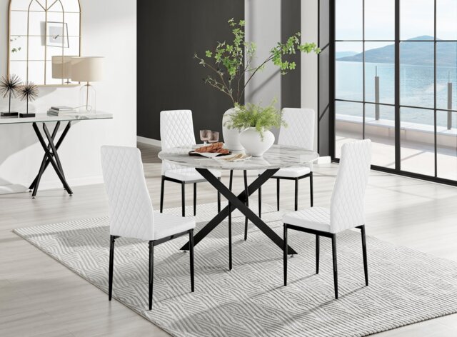 Novara White Marble Black Leg 120cm Round Dining Table & 4 Milan Black Leg Chairs - image 1