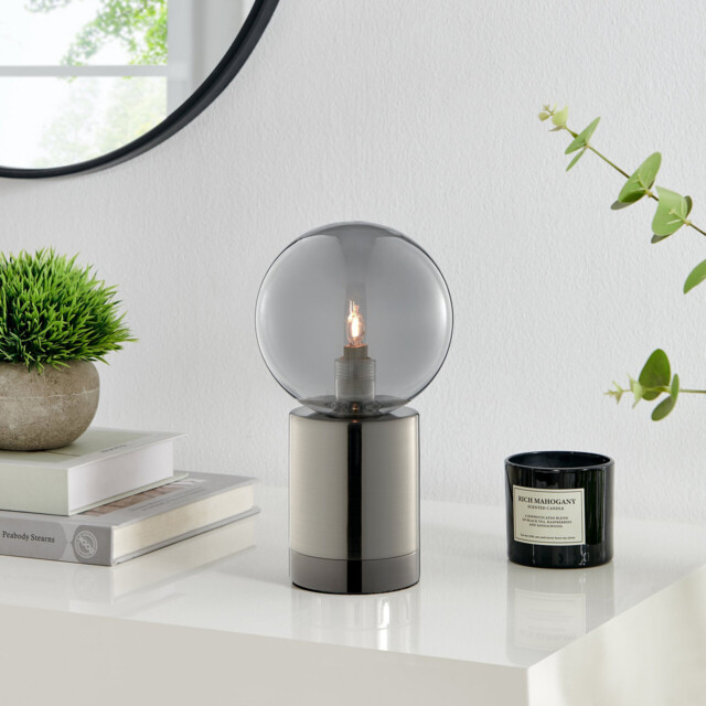 Hattie Smoked Glass & Silver Industrial Dimmable Table Lamp - image 1