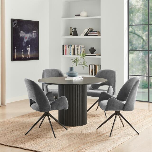 Penrose Black Round Dining Table & 4 Layla Fabric Swivel Chairs - image 1
