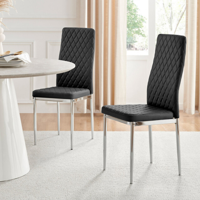 6x Milan Black Hatched Faux Leather Dining Chairs Silver Legs - image 1