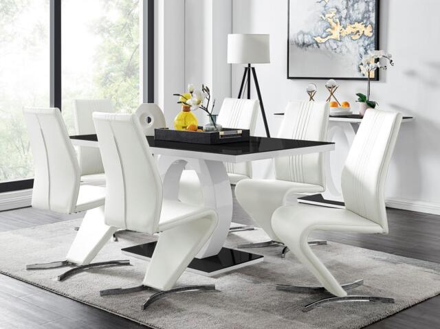 Furniturebox Giovani High Gloss And Glass Dining Table And 6 Willow Chairs Set, Faux Leather/Metal/Tempered Glass in White - Size: 44x99x58 cm - image 1