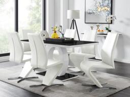 Furniturebox Giovani High Gloss And Glass Dining Table And 6 Willow Chairs Set, Faux Leather/Metal/Tempered Glass in White - Size: 44x99x58 cm