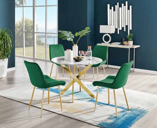 Novara White Marble Gold Leg Round Dining Table & 4 Pesaro Gold Leg Chairs - image 1