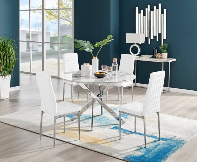 Novara White Marble 120cm Round Dining Table & 4 Milan Chrome Leg Chairs - image 1