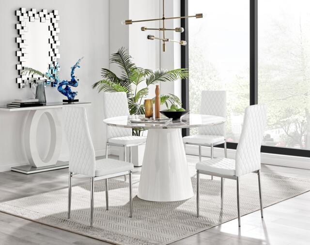 Palma White Marble Effect Round Dining Table & 4 Milan Chrome Leg Chairs - image 1
