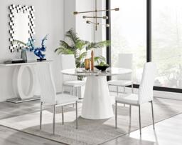 Palma White Marble Effect Round Dining Table & 4 Milan Chrome Leg Chairs - thumbnail 1