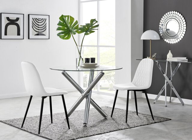Selina Round Glass Chrome Leg Dining Table and 2 Corona Black Leg Chairs - image 1