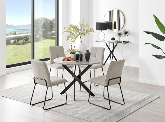 Novara Grey Concrete Effect Black Leg Round Dining Table & 4 Halle Chairs - image 1