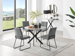 Novara Grey Concrete Effect Black Leg Round Dining Table & 4 Halle Chairs - thumbnail 4