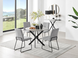 Novara Grey Concrete Effect Black Leg Round Dining Table & 4 Halle Chairs - thumbnail 3