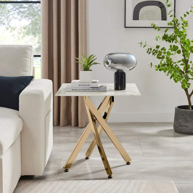 Leonardo Square White Marble Glass and Gold Side Table - image 1