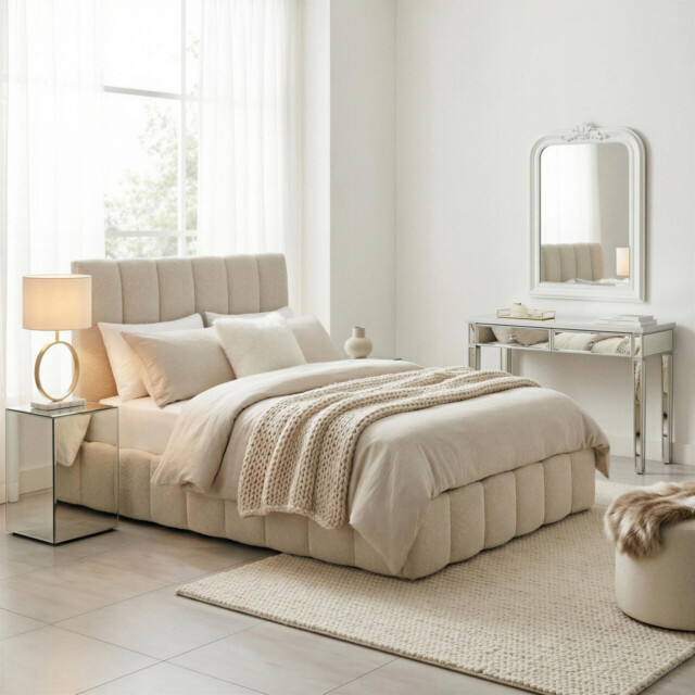 Trifle Beige Boucle Fabric Ottoman Double Bed Frame - image 1